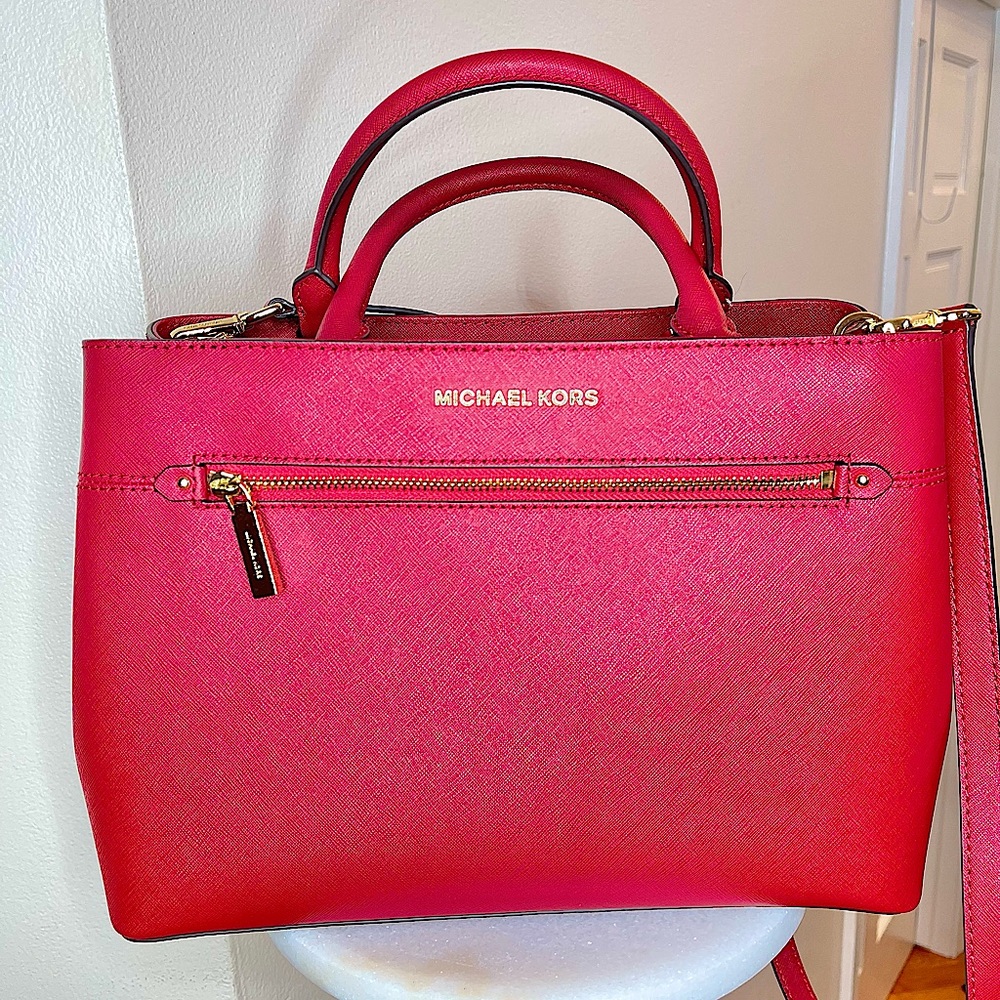 Michael Kors Hailee Large Saffiano Leather Satchel, Red (NWT).
